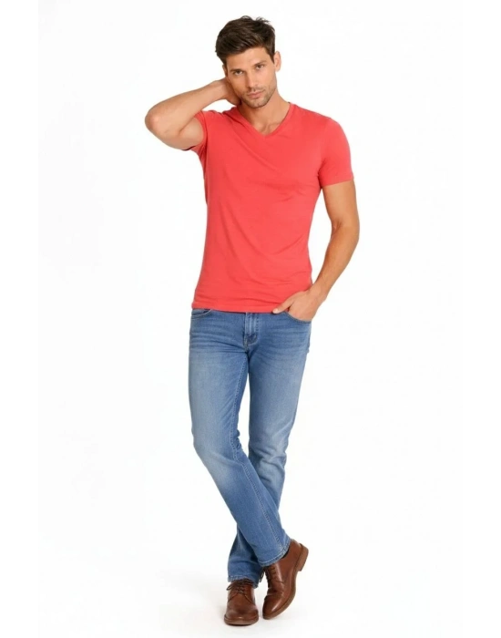 Erkek V Yaka Slim Fit dar kesim Likralı Tişört - Nar Çiçeği