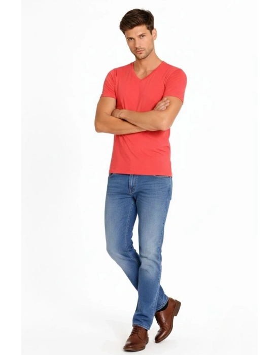 Erkek V Yaka Slim Fit dar kesim Likralı Tişört - Nar Çiçeği