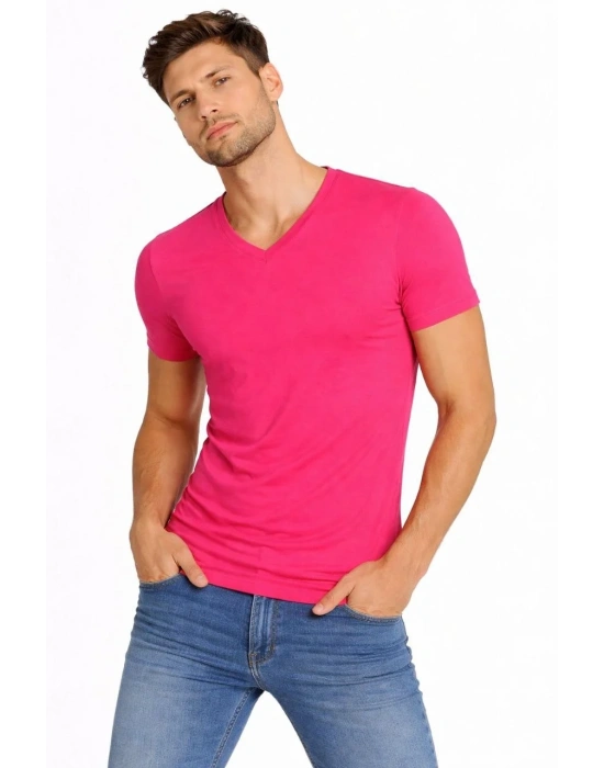 Erkek V Yaka Slim Fit dar kesim Likralı Tişört - Pembe