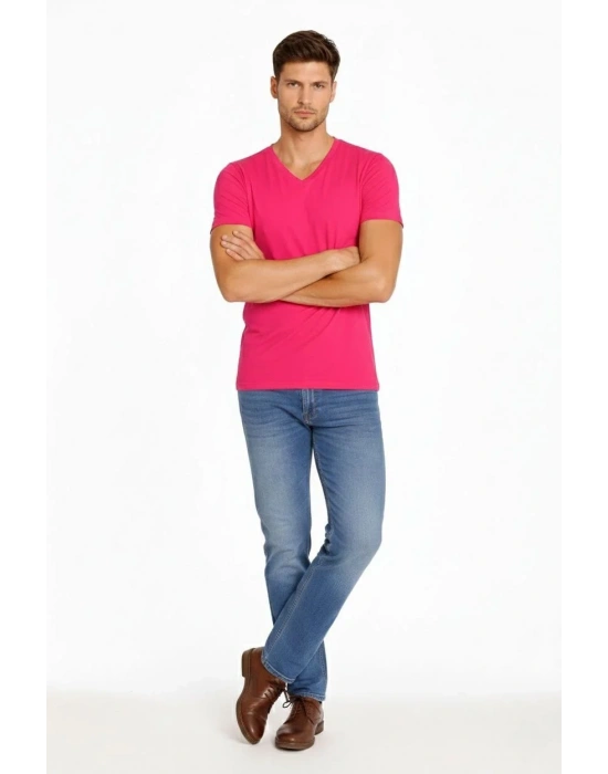 Erkek V Yaka Slim Fit dar kesim Likralı Tişört - Pembe