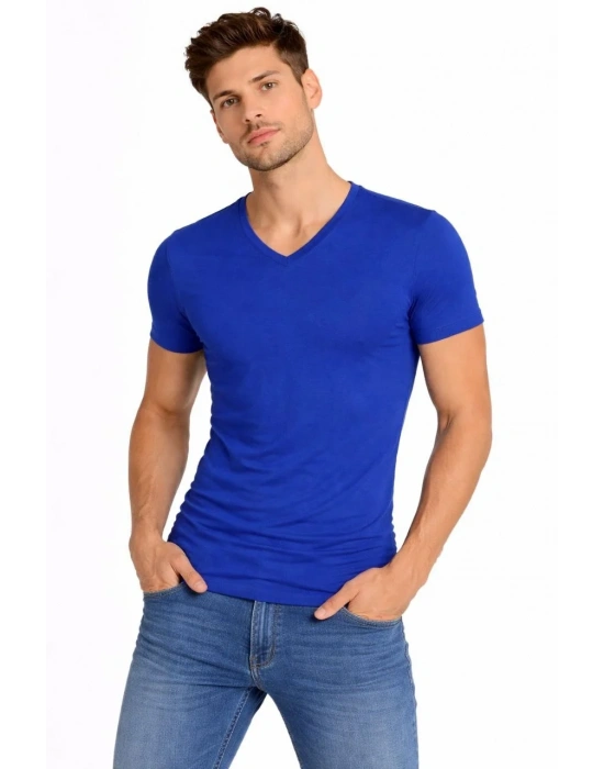 Erkek V Yaka Slim Fit dar kesim Likralı Tişört - Saks Mavisi