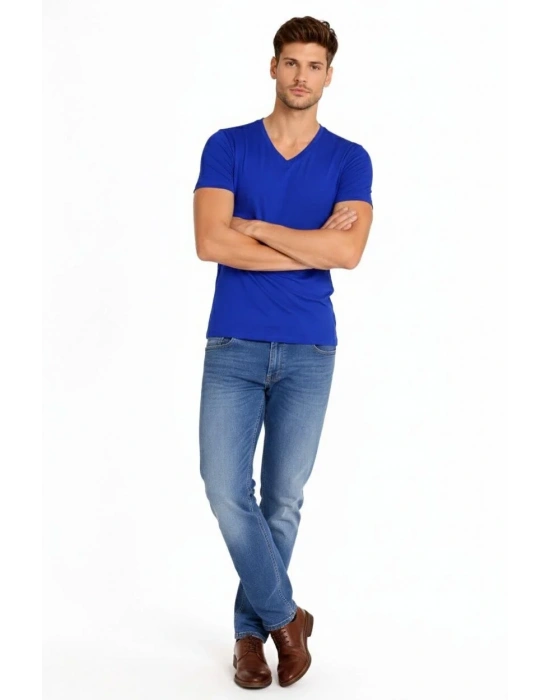 Erkek V Yaka Slim Fit dar kesim Likralı Tişört - Saks Mavisi