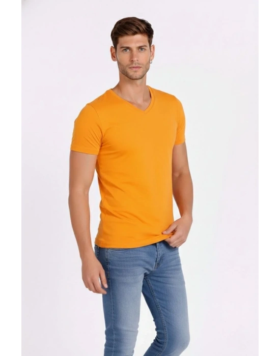 Erkek V Yaka Slim Fit dar kesim Likralı Tişört - Sarı