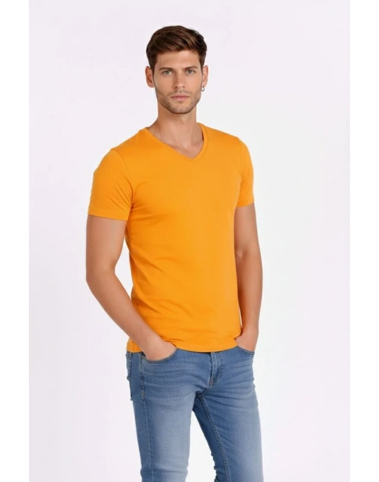 Erkek V Yaka Slim Fit dar kesim Likralı Tişört - Sarı