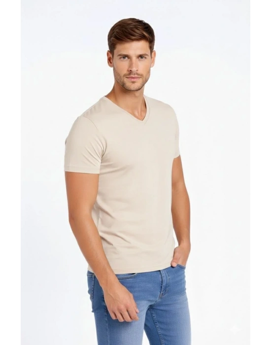 Erkek V Yaka Slim Fit dar kesim Likralı Tişört - Taş