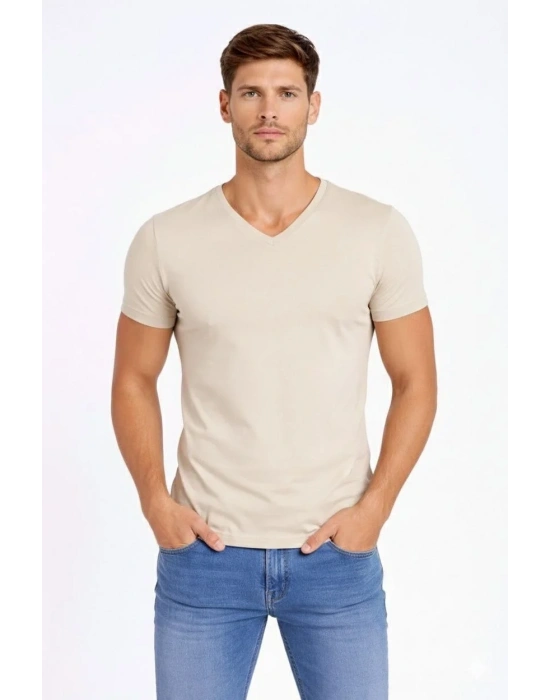 Erkek V Yaka Slim Fit dar kesim Likralı Tişört - Taş