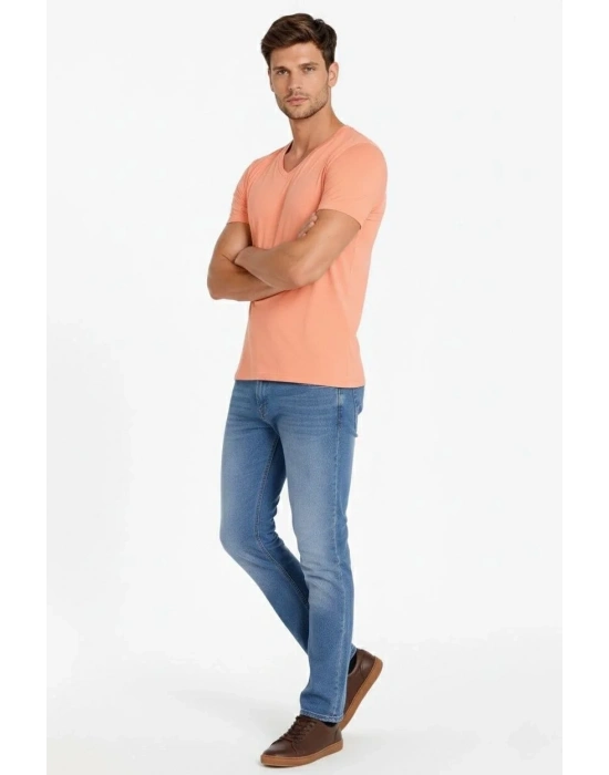 Erkek V Yaka Slim Fit dar kesim Likralı Tişört - Toz Pembe