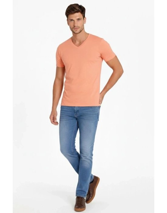 Erkek V Yaka Slim Fit dar kesim Likralı Tişört - Toz Pembe