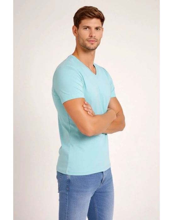 Erkek V Yaka Slim Fit dar kesim Likralı Tişört - Turkuvaz