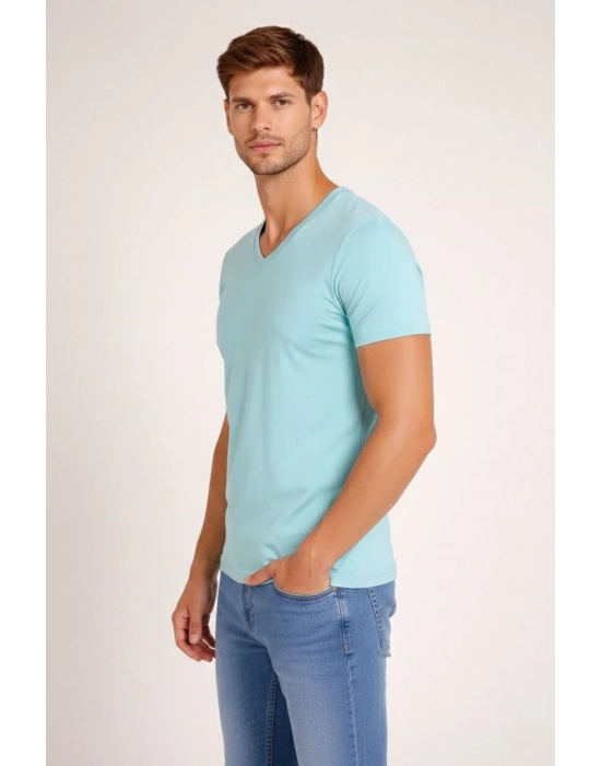 Erkek V Yaka Slim Fit dar kesim Likralı Tişört - Turkuvaz