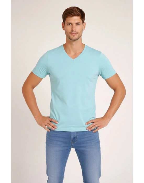 Erkek V Yaka Slim Fit dar kesim Likralı Tişört - Turkuvaz