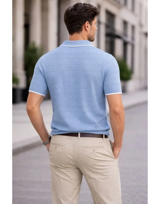 Erkek Triko Kumaş Yakalı Düğmesiz Açık Yaka Fitilli Kısa Kollu Regular Fit Tişört T-shirt - Bebek Mavisi