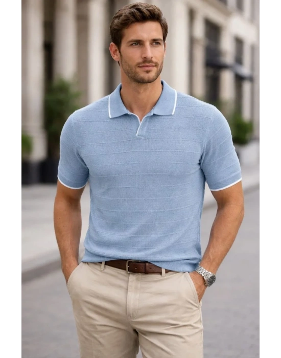 Erkek Triko Kumaş Yakalı Düğmesiz Açık Yaka Fitilli Kısa Kollu Regular Fit Tişört T-shirt - Bebek Mavisi