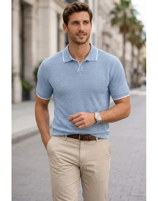 Erkek Triko Kumaş Yakalı Düğmesiz Açık Yaka Fitilli Kısa Kollu Regular Fit Tişört T-shirt - Bebek Mavisi