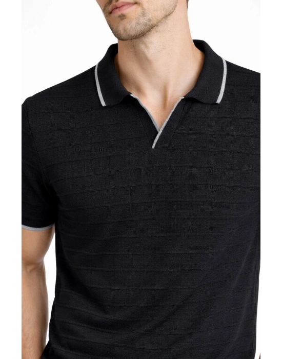 Erkek Triko Kumaş Yakalı Düğmesiz Açık Yaka Fitilli Kısa Kollu Regular Fit Tişört T-shirt - Siyah