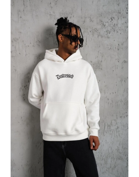 Erkek Üç İplik Baskılı Kapüşonlu Sweat - Beyaz