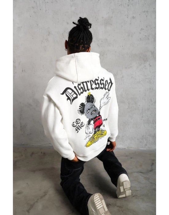 Erkek Üç İplik Baskılı Kapüşonlu Sweat - Beyaz