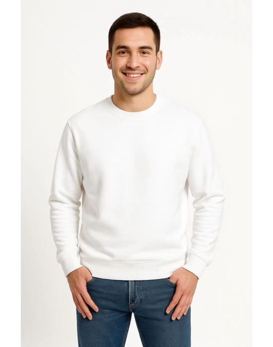 Erkek Üç İplik Düz Bisiklet Yaka SweatShirt - Beyaz