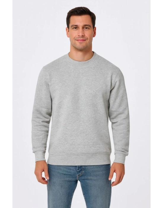 Erkek Üç İplik Düz Bisiklet Yaka SweatShirt - Gri