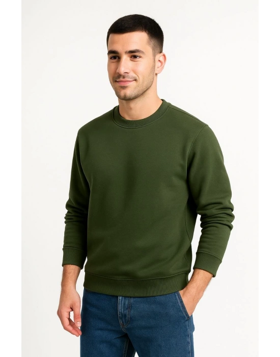 Erkek Üç İplik Düz Bisiklet Yaka SweatShirt - Haki