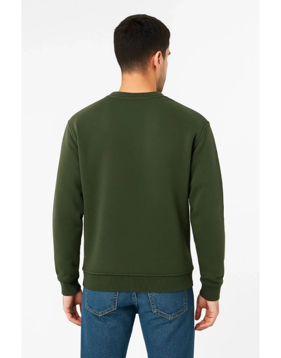 Erkek Üç İplik Düz Bisiklet Yaka SweatShirt - Haki