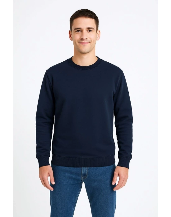 Erkek Üç İplik Düz Bisiklet Yaka SweatShirt - Lacivert