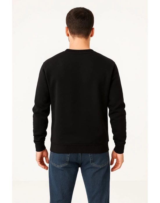 Erkek Üç İplik Düz Bisiklet Yaka SweatShirt - Siyah