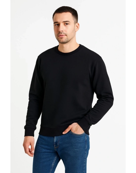 Erkek Üç İplik Düz Bisiklet Yaka SweatShirt - Siyah