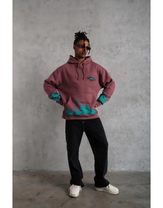 Erkek Üç İplik içi Pamuklu Alev Baskılı Kapüşonlu Sweatshirt - Gül Kurusu