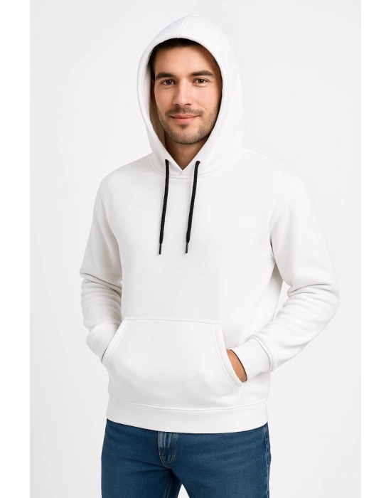 Erkek Üç İplik Kapüşonlu Kanguru Cepli SweatShirt hoodie - Beyaz