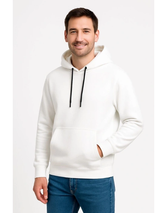 Erkek Üç İplik Kapüşonlu Kanguru Cepli SweatShirt hoodie - Beyaz