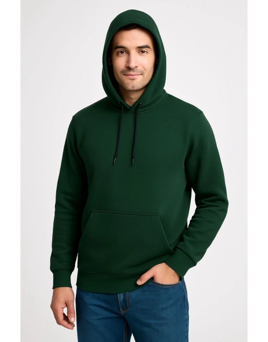 Erkek Üç İplik Kapüşonlu Kanguru Cepli SweatShirt hoodie - Haki