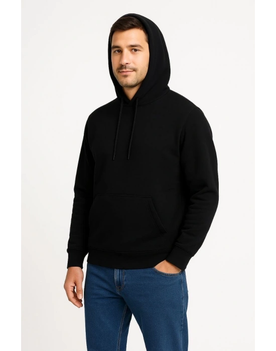 Erkek Üç İplik Kapüşonlu Kanguru Cepli SweatShirt hoodie - Siyah