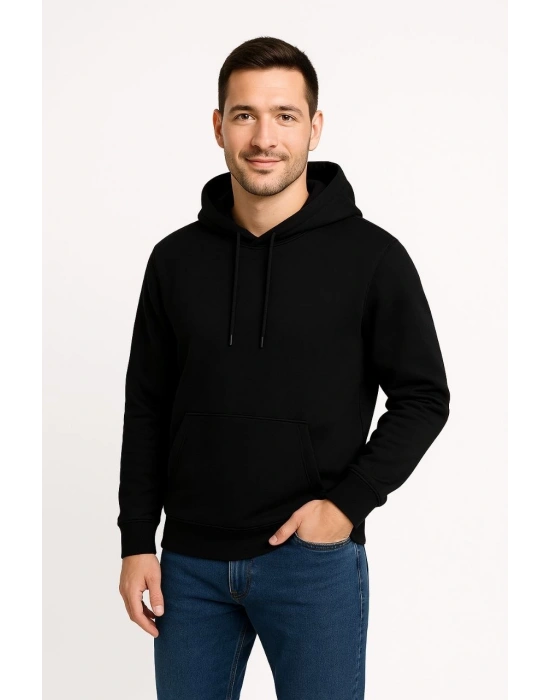 Erkek Üç İplik Kapüşonlu Kanguru Cepli SweatShirt hoodie - Siyah