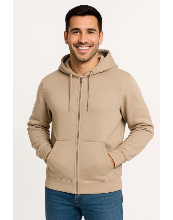 Erkek Üç İplik Kapüşonlu Tam Fermuarlı Kanguru Çepli SweatShirt Hoodie - Bej