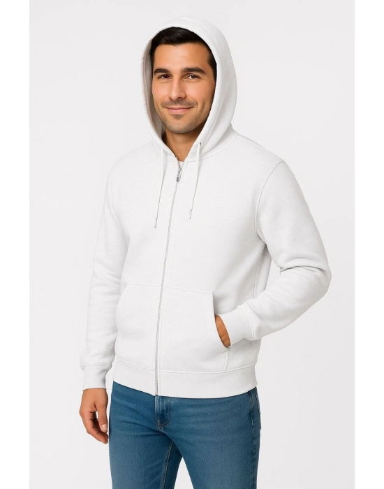 Erkek Üç İplik Kapüşonlu Tam Fermuarlı Kanguru Cepli SweatShirt Hoodie - Beyaz