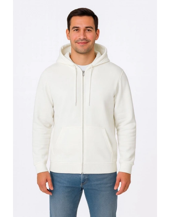 Erkek Üç İplik Kapüşonlu Tam Fermuarlı Kanguru Cepli SweatShirt Hoodie - Beyaz