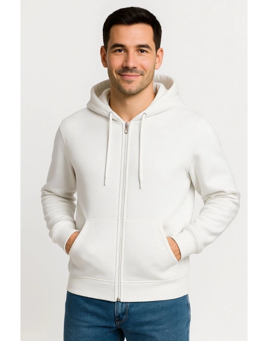Erkek Üç İplik Kapüşonlu Tam Fermuarlı Kanguru Cepli SweatShirt Hoodie - Beyaz