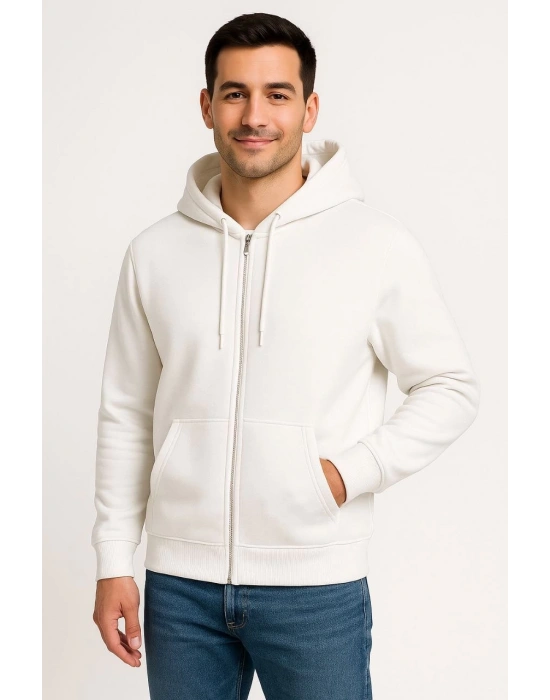 Erkek Üç İplik Kapüşonlu Tam Fermuarlı Kanguru Cepli SweatShirt Hoodie - Beyaz