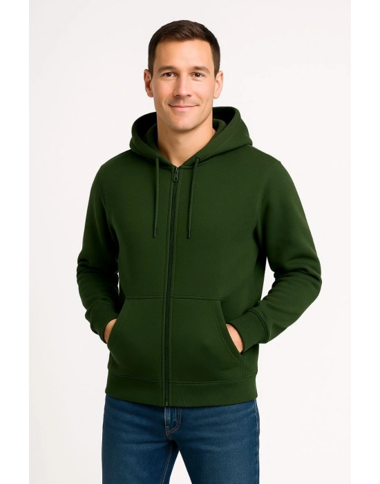Erkek Üç İplik Kapüşonlu Tam Fermuarlı Kanguru Cepli Sweatshirt Hoodie - Haki