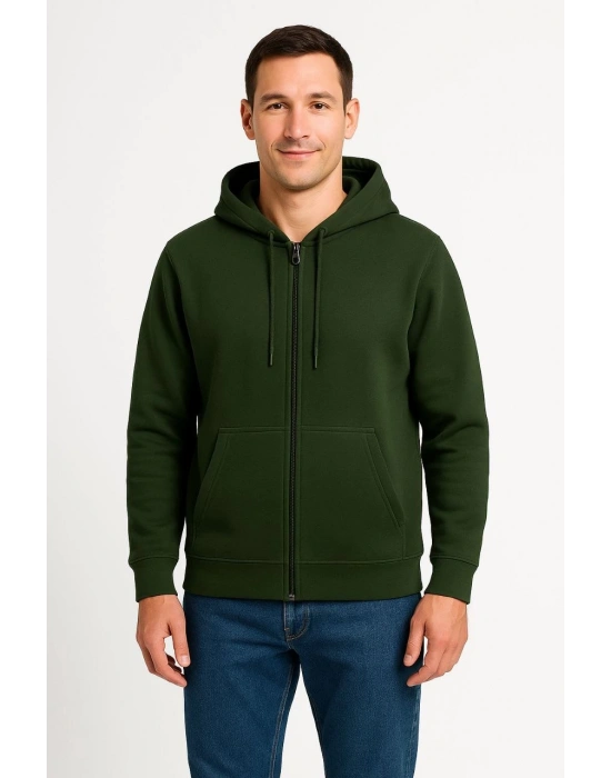 Erkek Üç İplik Kapüşonlu Tam Fermuarlı Kanguru Cepli Sweatshirt Hoodie - Haki