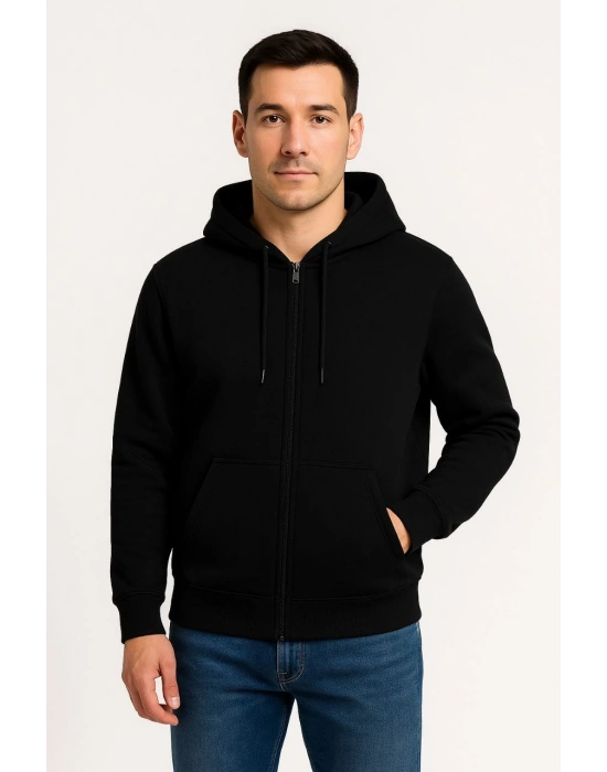 Erkek Üç İplik Kapüşonlu Tam Fermuarlı Kanguru Çepli SweatShirt Hoodie - Siyah