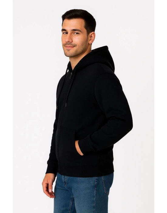 Erkek Üç İplik Kapüşonlu Tam Fermuarlı Kanguru Çepli SweatShirt Hoodie - Siyah