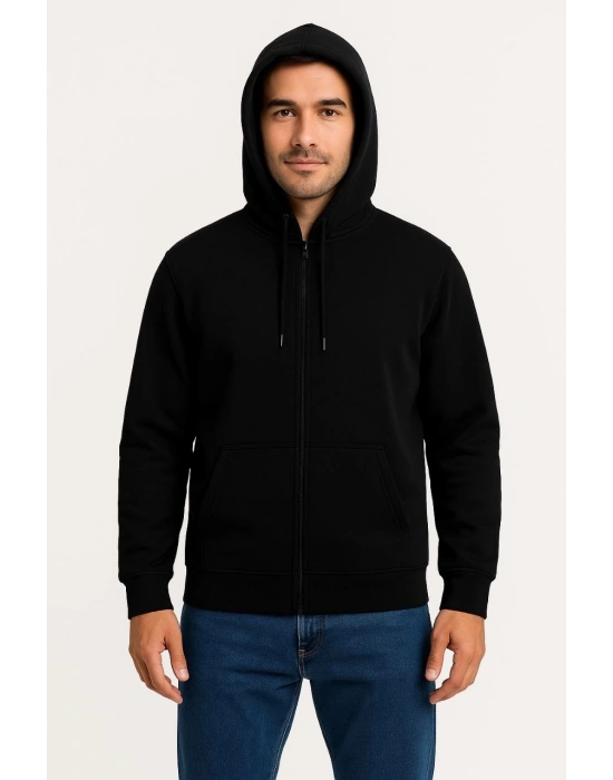 Erkek Üç İplik Kapüşonlu Tam Fermuarlı Kanguru Çepli SweatShirt Hoodie - Siyah