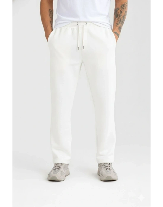 Erkek Üç iplik Kışlık Pamuklu Ovarsize Bağcıklı Düz Paça Cepli Eşofman Altı Spor Rahat Model - Beyaz