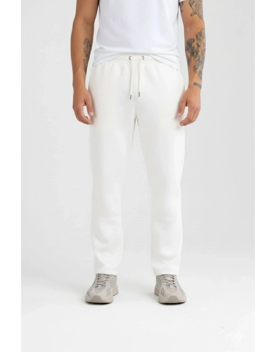 Erkek Üç iplik Kışlık Pamuklu Ovarsize Bağcıklı Düz Paça Cepli Eşofman Altı Spor Rahat Model - Beyaz