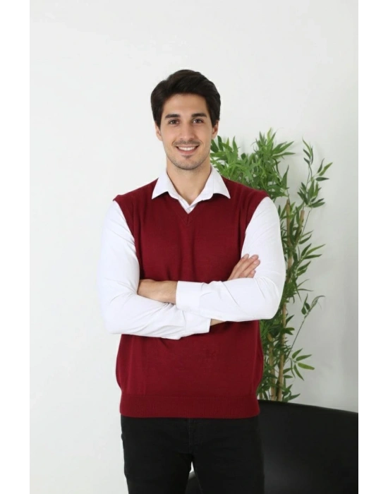 Erkek V Yaka Kolsuz Süveter Triko Kazak yumuşak dokulu Pamuklu ince Dokuma Regular - Bordo