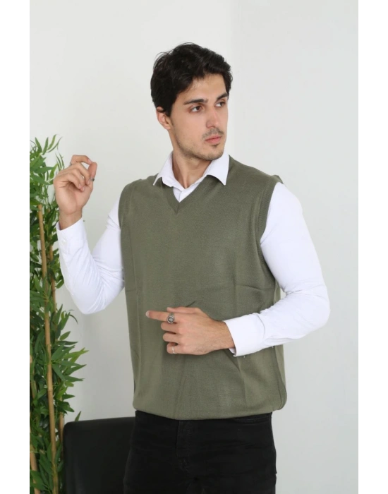 Erkek V Yaka Kolsuz Süveter Triko Kazak yumuşak dokulu Pamuklu ince Dokuma Regular - Haki