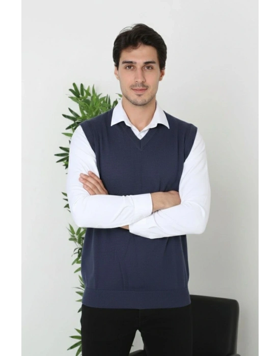 Erkek V Yaka Kolsuz Süveter Triko Kazak yumuşak dokulu Pamuklu ince Dokuma - Lacivert