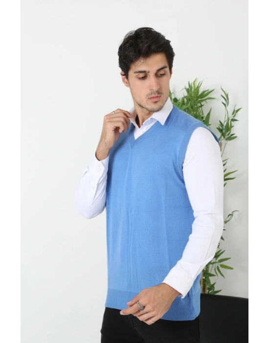 Erkek V Yaka Kolsuz Süveter Triko Kazak yumuşak dokulu Pamuklu ince Dokuma Regular - Mavi